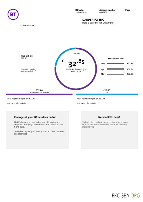 Modèle de facture de services publics pour les entreprises de télécommunications BT du Royaume Uni aux formats Word et PDF, version 2